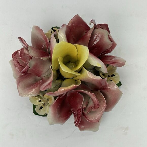 Capodimonte Porcelain Floral Arrangement Flower Basket Italy MCM Pink Yellow - Picture 10 of 15